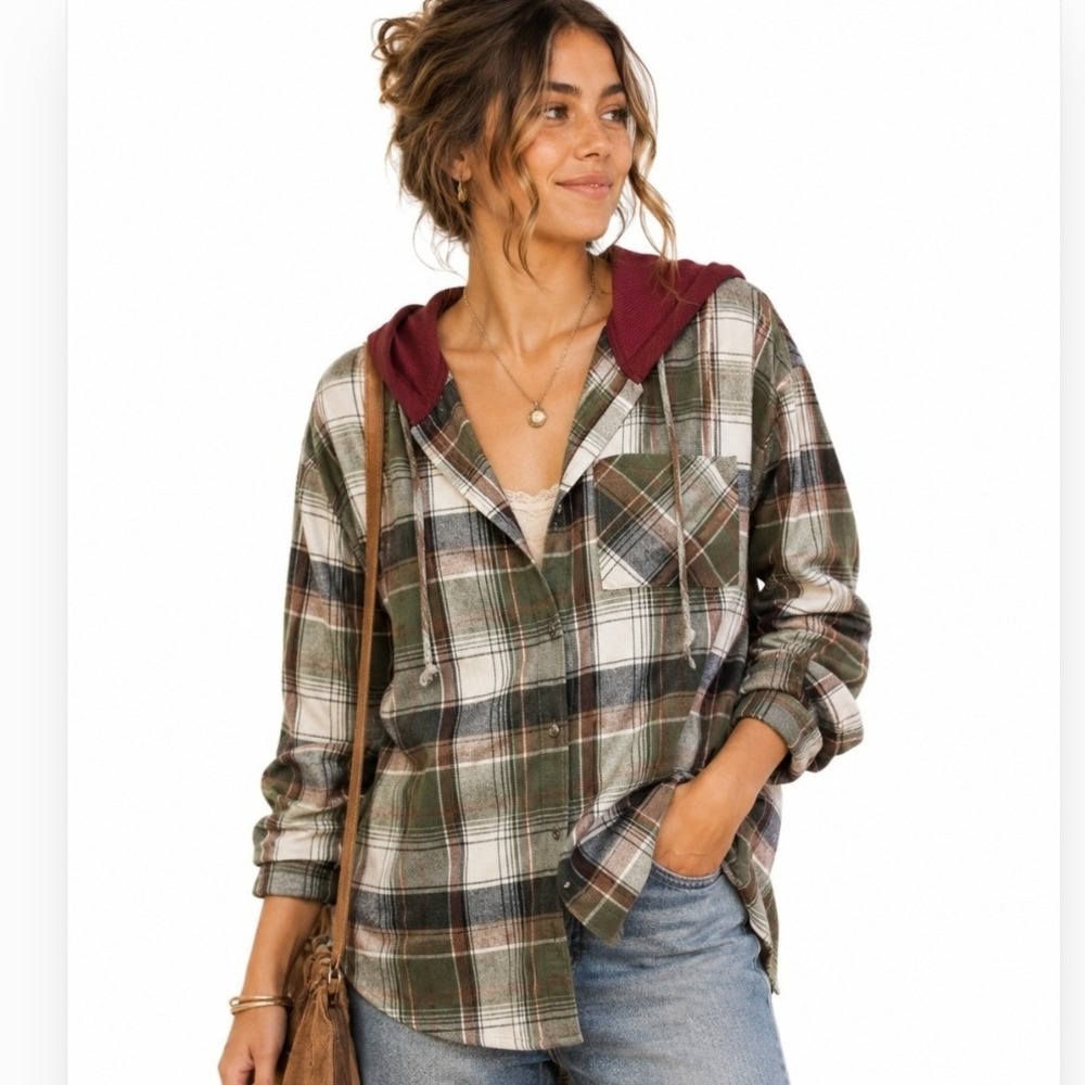 La Miel Plaid Hooded Flannel Shirt Medium Olive Burgundy Cottagecore